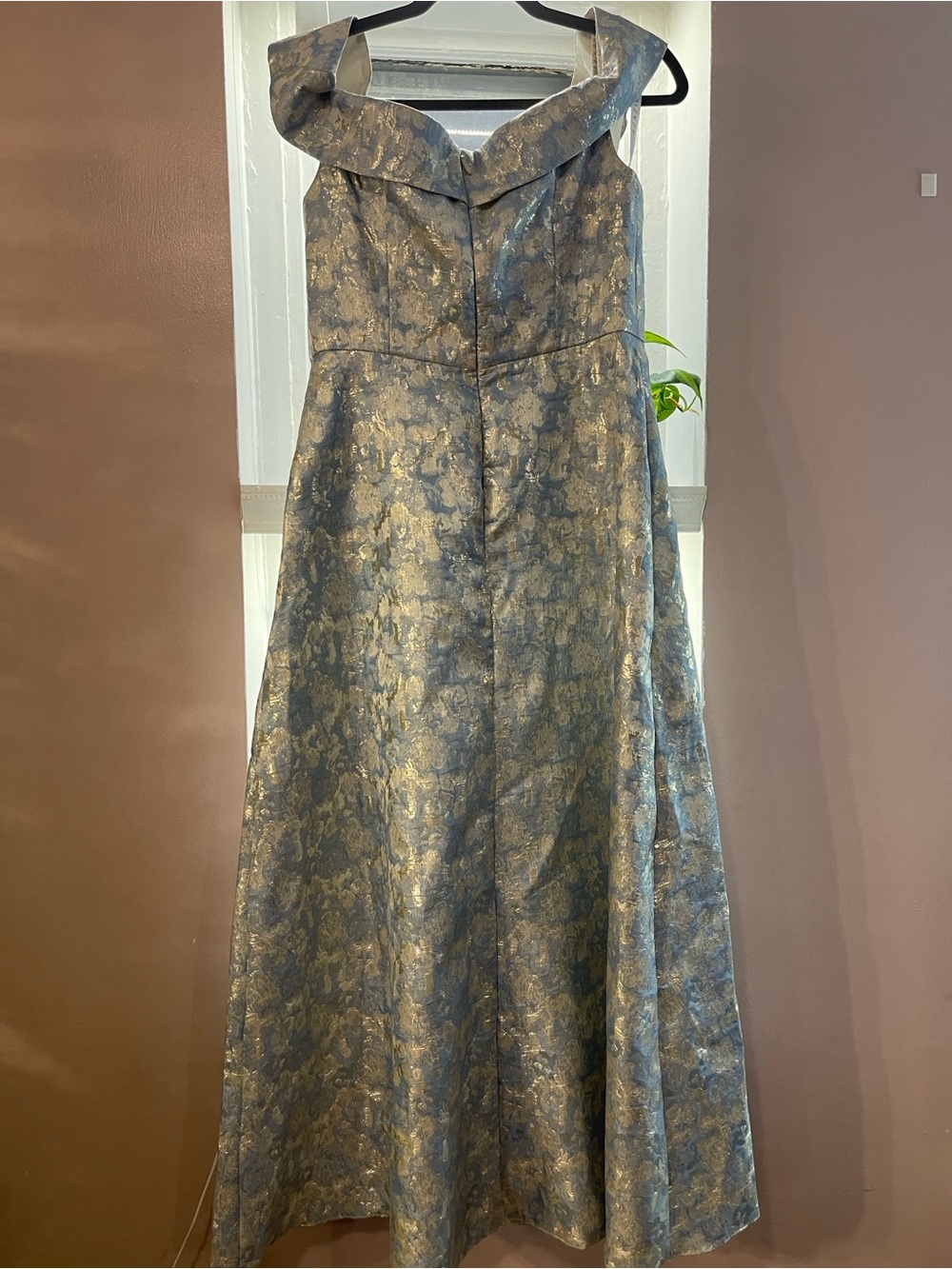Azazie Blue and Gold Metallic Floral Maxi Dress